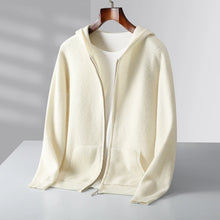 Abrigo de punto con capucha y cremallera para hombre, jersey grueso de 100% lana merina, cárdigan de manga larga para otoño e invierno, ropa de hombre