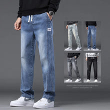 Autumn Winter Blue Jeans Men Drawstring Elastic Waist Cotton Cargo Denim Pants Work Fashion Thick Trousers Male Plus Size M-4XL