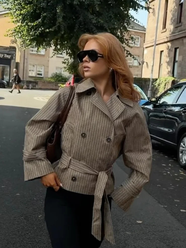 Women Casual Plaid Short Trench Coat Lapel Double Breasted Belted Waist Loose Long Sleeve Checkered Jacket Autumn Windbreaker