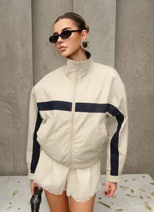 Beige Black Colorblock Zip Collar Crop Women Jacket Sporty Lapel Loose Outerwear Spring Autumn Daily Street Dating Outfit Coat