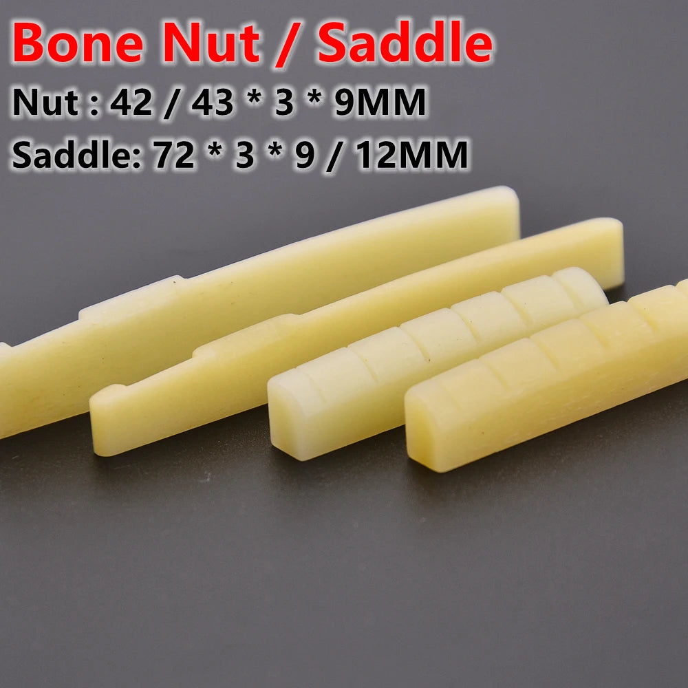6 String Real Guitar Bone Nut 42*6*9MM/43*6*9MM and 72*3*9mm/72*3*12mm Bridge Saddle  Bone for acoustic/ LP electric guitar