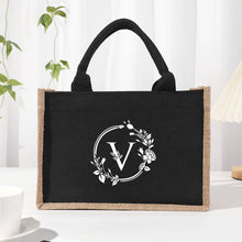 Bolso de mano de lona de lino con parches negros y estampado de letras de hoja plateada, con bolsa interior impermeable de gran capacidad para el día a día.