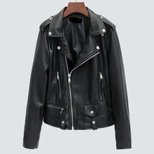 Chaqueta de mujer de piel sintética con cuello vuelto, cierre de cremallera, manga larga, estilo motero, ideal para viajes y uso diario.