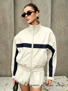 Beige Black Colorblock Zip Collar Crop Women Jacket Sporty Lapel Loose Outerwear Spring Autumn Daily Street Dating Outfit Coat