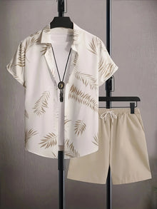 New Coconut Tree Print Men's Set Loose-Fit Hawaiian Short-Sleeve Shirt & Shorts Two-Piece Set Men Premium Fashion Streetwear Set