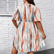 Plus Size Dress, Striped Printed V-Neck Short-Sleeved Loose Fit, Elastic Waist, Casual Resort Style Dress