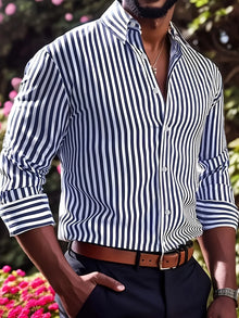 Men'S Casual Regular Fit Striped Long Sleeve Solid Color Polyester Button Lapel Shirt, 6 Colors,Woven,Non-Stretch Fabric