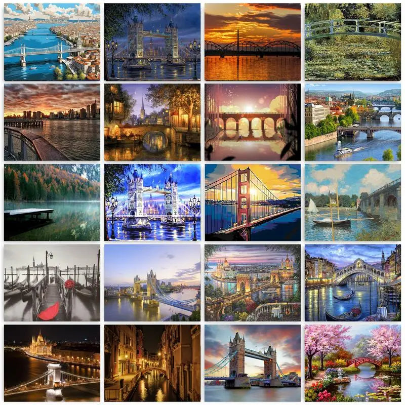 GATYZTORY 40x50cm Framed Painting By Numbers Handpainted City Bridge Landscape Paint By Number Acrylic Draw Canvas Crafts
