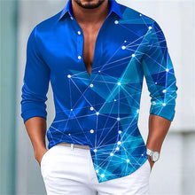 Men's trendy geometric line print long-sleeved shirt. Fashionable slim black technology-style shirt. Popular men's shirt.