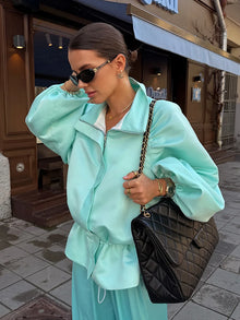 Shiny Fabric Jacket High Stand Collar Oversized Puff Sleeve Drawstring Cropped Hem 2026 Autumn Fashion Daily Lady Sweet Jacket