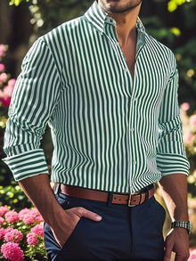 Men'S Casual Regular Fit Striped Long Sleeve Solid Color Polyester Button Lapel Shirt, 6 Colors,Woven,Non-Stretch Fabric