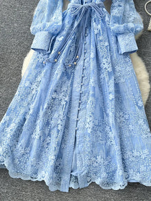 Spring Autumn French High-end Women's Dress New Lace Embroidery V-neck Lantern Sleeves Single Breasted Party Birthday Dress C192
