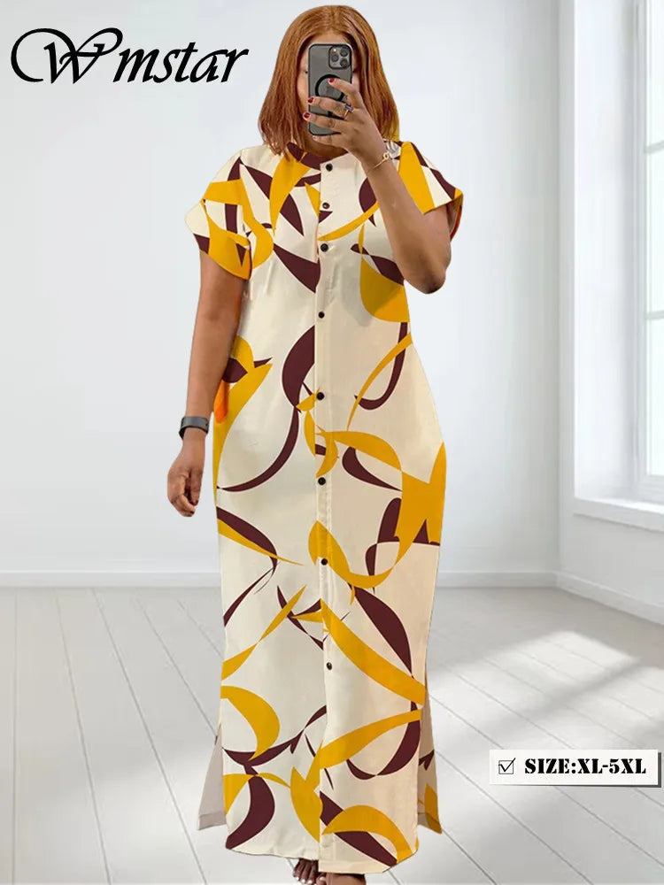 Wmstar Plus Size Dresses for Women Printed Short Sleeve Fashion Party Bodycon Stretch Button Maxi Dress Wholesale Dropshipping