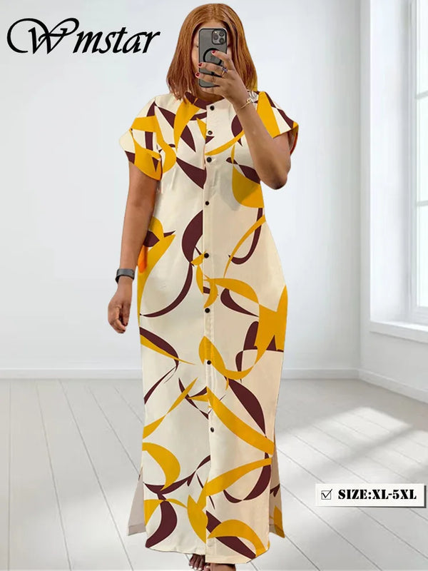 Wmstar Plus Size Dresses for Women Printed Short Sleeve Fashion Party Bodycon Stretch Button Maxi Dress Wholesale Dropshipping