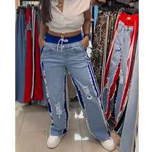Vaqueros de tiro alto con roturas para mujer, pantalones de retazos en contraste y colorblock, vaqueros de mezclilla elásticos de pierna ancha y estilo urbano.