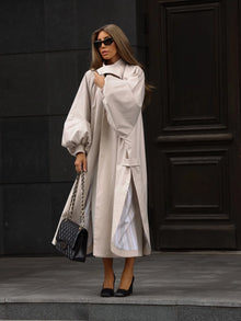 Solid Commute Women's Trench Coat Ovesized Puff Sleeve Single Breasted Long Jacket Lapel Side Slit 2026 New Autumn Lady Outwear
