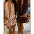 Conjuntos de falda con lentejuelas brillantes para mujer, verano, sexy, malla transparente, sin mangas, cuello halter, tops y minifaldas, conjuntos para club, fiesta y rave