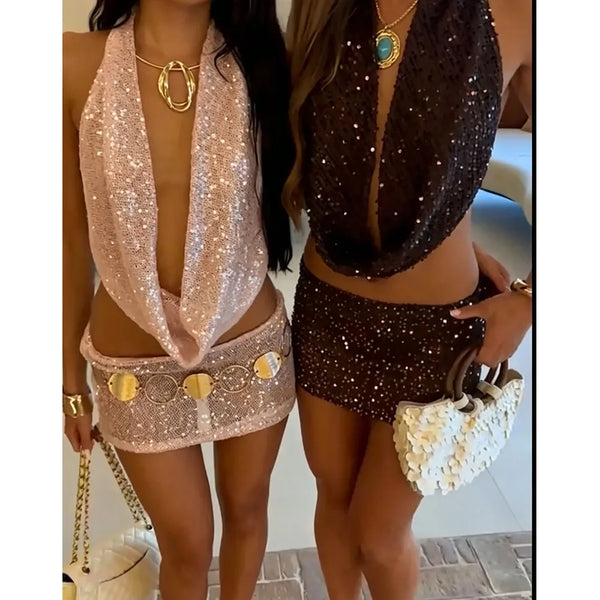 Conjuntos de falda con lentejuelas brillantes para mujer, verano, sexy, malla transparente, sin mangas, cuello halter, tops y minifaldas, conjuntos para club, fiesta y rave