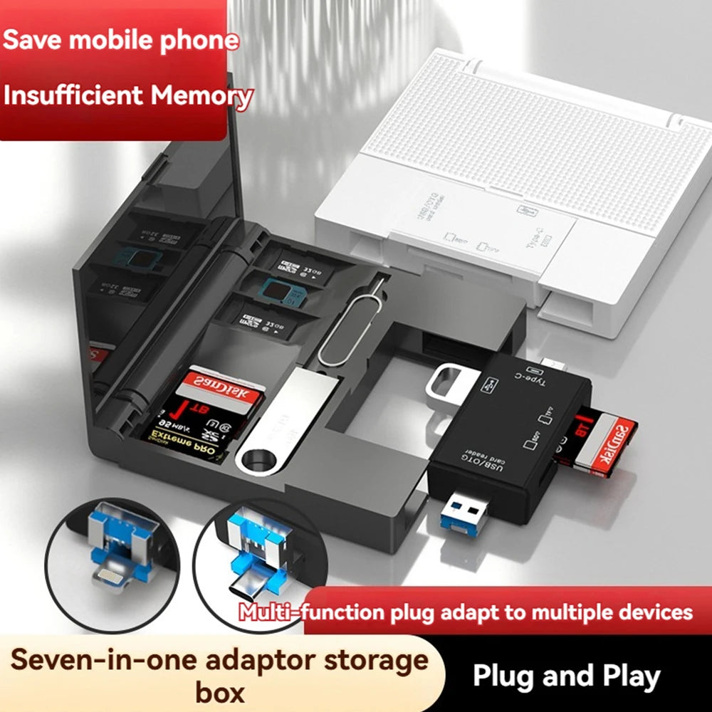 7-in-1 USB 2.0 Card Reader Storage Box with SD, TF, SIM Slots and Type-C Adapter