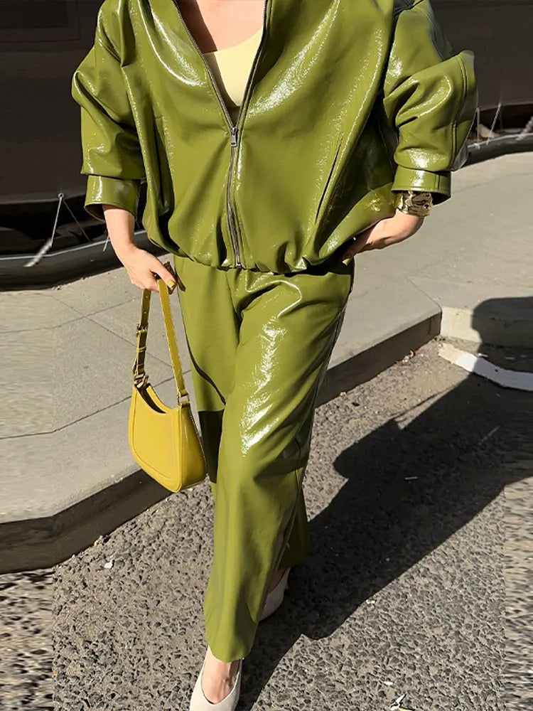 Olive Green Leather Jacket Coat Silhouette Vintage High Street Trend Zipper Lapel Short Overcoat Loose Casual Top Outwear Autumn
