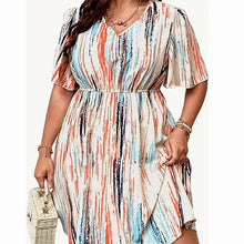 Plus Size Dress, Striped Printed V-Neck Short-Sleeved Loose Fit, Elastic Waist, Casual Resort Style Dress