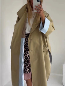 Women Khaki Long Color-block Stripe Trench Coat Wide Lapel Loose Drop Shoulder Blue Lining Slit Windbreaker Commute Outing Coats
