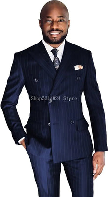 Men's Pinstripe Suit 2-Piece Set Double Breasted Business Casual Wedding Party Suit