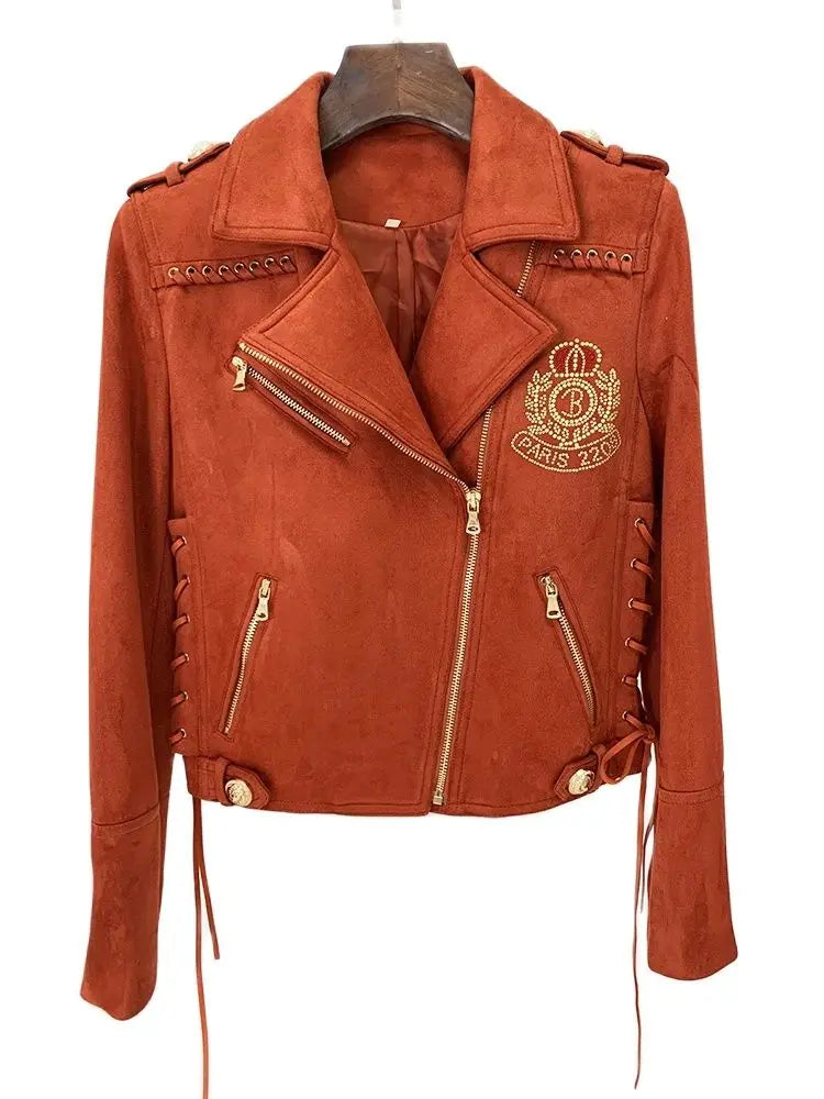 HIGH STREET Newest 2026 F/W Designer Jacket Women's Rope Lacing Up Logo Beaded Synthetic Suede Leather Motorcycle Biker Jacket
