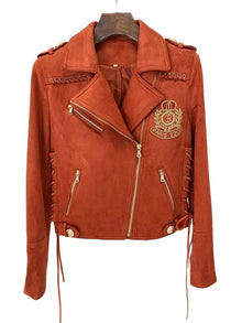 HIGH STREET Newest 2026 F/W Designer Jacket Women's Rope Lacing Up Logo Beaded Synthetic Suede Leather Motorcycle Biker Jacket