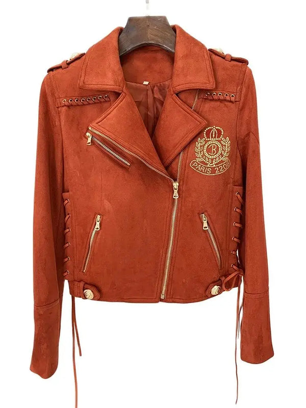 HIGH STREET Newest 2026 F/W Designer Jacket Women's Rope Lacing Up Logo Beaded Synthetic Suede Leather Motorcycle Biker Jacket