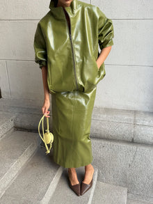 Olive Green Leather Jacket Coat Silhouette Vintage High Street Trend Zipper Lapel Short Overcoat Loose Casual Top Outwear Autumn