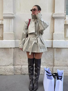 Fashion Stand Collar Short Trench Coat Women Solid Double-breasted Belt Jacket 2026 Autumn Lady Commuting Casual Outwear