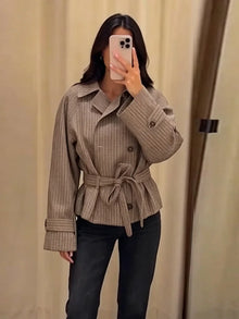 Plaid Short Trench Coat Women Lapel Collar Double Breasted Belted Waist Long Sleeve Loose Jacket 2026 Autumn Casual Chic Coats