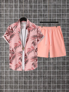 New Coconut Tree Print Men's Set Loose-Fit Hawaiian Short-Sleeve Shirt & Shorts Two-Piece Set Men Premium Fashion Streetwear Set