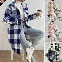 Women Long Plaid Fleece Sweatshirt Coat Autumn Winter Turn Down Collar Long Sleeve Pocket Button Loose Flurry X-Long Trench Coat