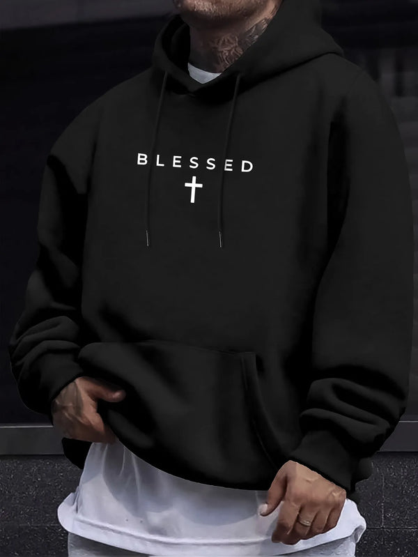 Sudadera casual con capucha para hombre, con diseño de cruz de bendición y patrones geométricos, de corte regular, ideal para primavera y otoño.