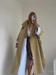 Women Khaki Long Color-block Stripe Trench Coat Wide Lapel Loose Drop Shoulder Blue Lining Slit Windbreaker Commute Outing Coats
