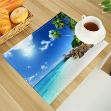 Beach Landscape Coconut Trees Print Linen Dining Table Mats Alphabet Kitchen Placemat 30X40cm Coasters Pads Bowl Cup Mat