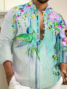 Men's Casual Multifunctional Fashion Street Men's Shirt Lapel Long Sleeve Top Men's Bird Long Sleeve Shirt