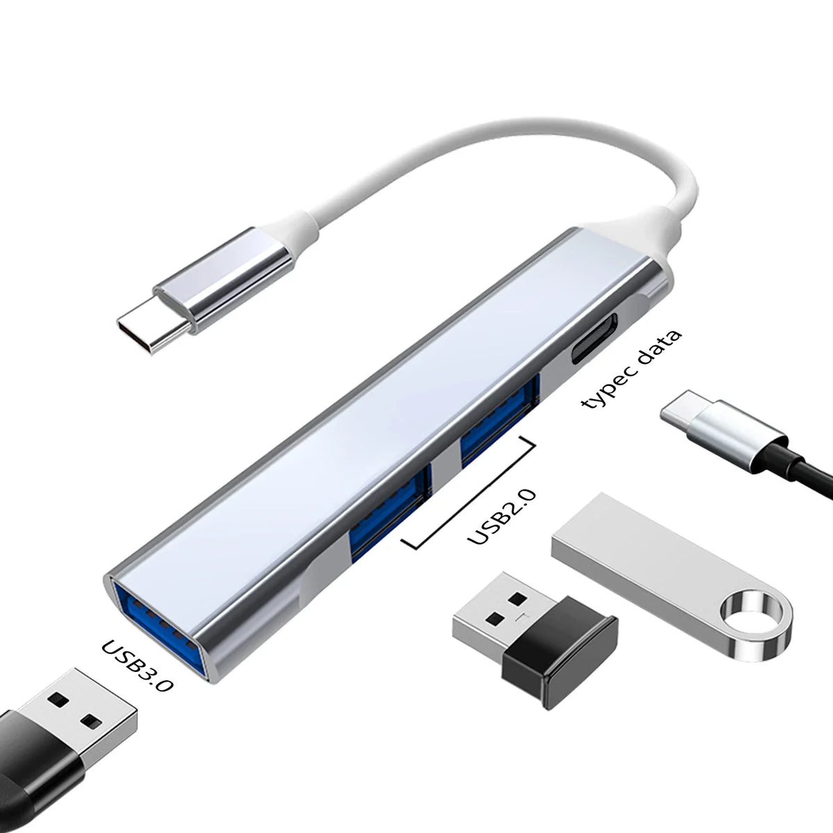 Aluminum 4-in-1 USB Hub, USB or Type C to 4 Ports Expander for Laptop and PC