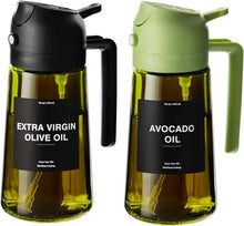Dispensador de aceite de oliva, pulverizador 2 en 1 para cocinar (rocío y vertido), botella de aceite de vidrio verde oscuro con pegatinas, pulverizador de aceite de 470 ml/16 oz