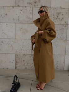 Women Stand Collar Full Sleeve Oversized Windbreaker Solid Single Breasted Lace Up Long Trench Coat Lady Autumn Casual Jacket