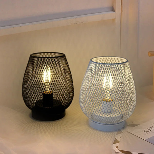 Lámpara de mesa LED decorativa, artesanía en hierro, serigrafía, lámpara de noche pequeña, tipo jaula de pájaros, estilo industrial, con personalidad