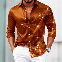 Men's trendy geometric line print long-sleeved shirt. Fashionable slim black technology-style shirt. Popular men's shirt.