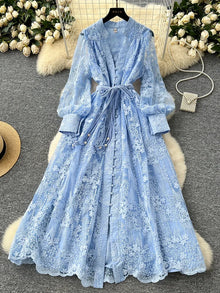 Spring Autumn French High-end Women's Dress New Lace Embroidery V-neck Lantern Sleeves Single Breasted Party Birthday Dress C192