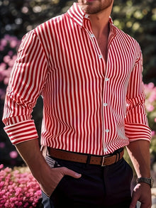 Men'S Casual Regular Fit Striped Long Sleeve Solid Color Polyester Button Lapel Shirt, 6 Colors,Woven,Non-Stretch Fabric