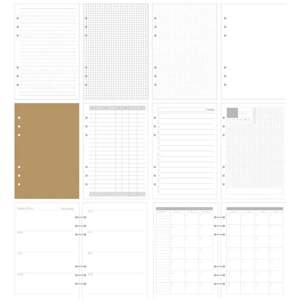 Cuaderno de repuesto Sharkbang A5, 45 hojas, 6 agujeros, papel de índice, cuadrícula/línea/blanco/bloc de notas mensual, material escolar