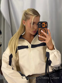 Beige Black Colorblock Zip Collar Crop Women Jacket Sporty Lapel Loose Outerwear Spring Autumn Daily Street Dating Outfit Coat
