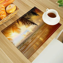 Beach Landscape Coconut Trees Print Linen Dining Table Mats Alphabet Kitchen Placemat 30X40cm Coasters Pads Bowl Cup Mat