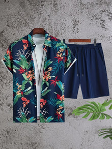 New Coconut Tree Print Men's Set Loose-Fit Hawaiian Short-Sleeve Shirt & Shorts Two-Piece Set Men Premium Fashion Streetwear Set